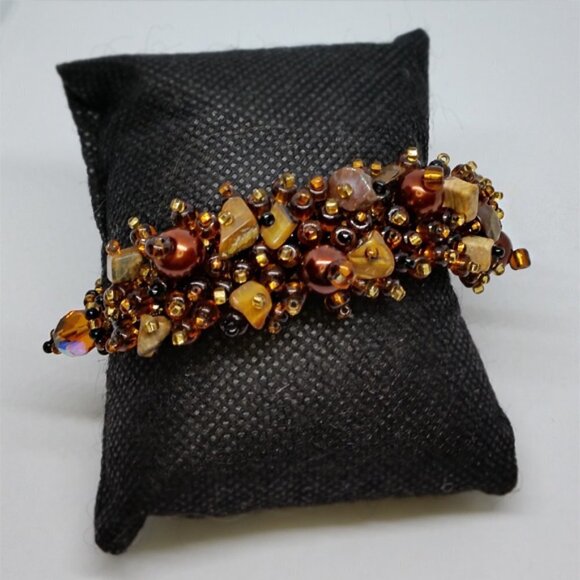HANDMADE earth tone glass seed bead and natural stone chips bracelet boho style - Picture 2 of 4